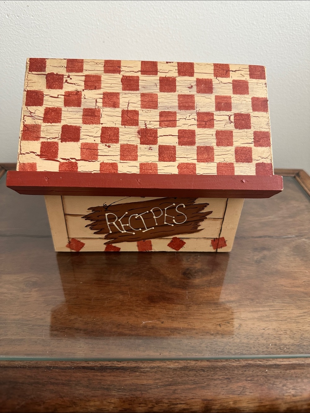 Very Cute Wooden Recipe Box with Red Checkered Lid